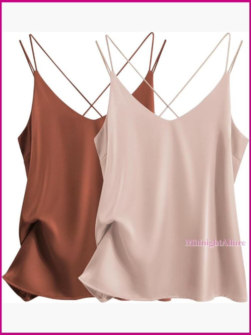 Silk Satin Camisole Tank Top 2-Pack V Neck Cross Back Spaghetti Strap